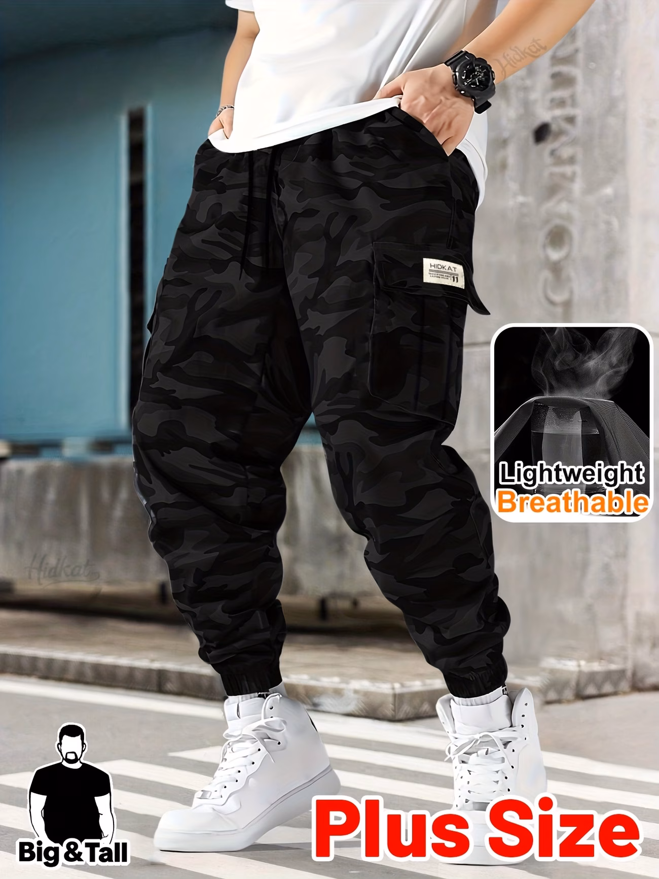 Plus-size Men's Camouflage Outdoor Casual Cuffed Cargo Pants,...