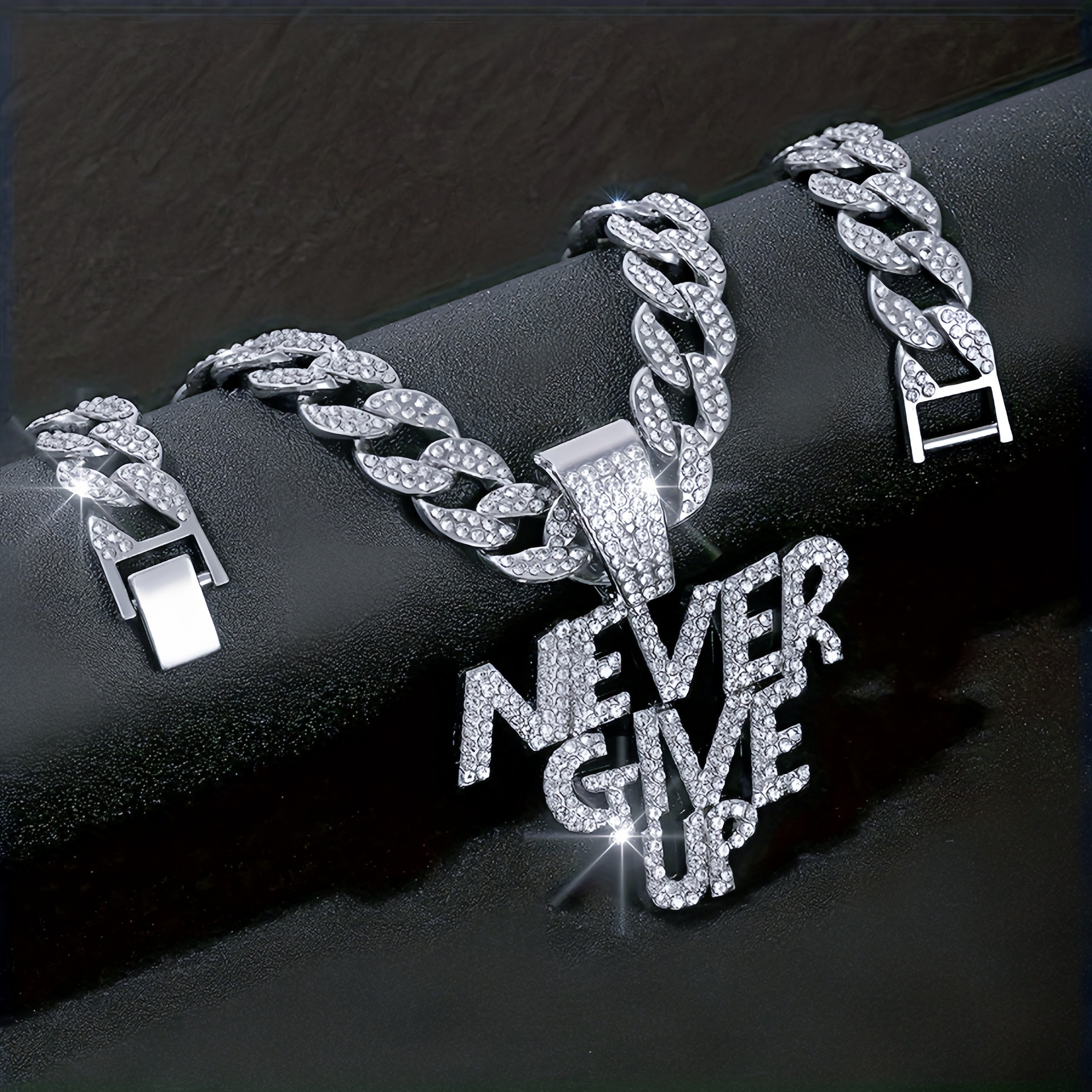 

Never Give Up Pendant Hip Hop Cuban Chain Necklace, Chain Length 18in Wide 0.59in, Gift Box