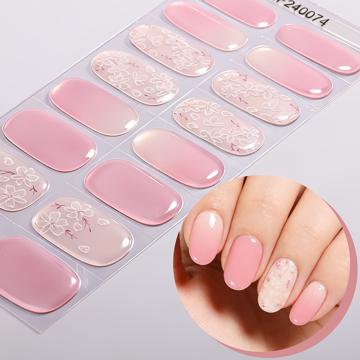 16pcs Pink Gradient Semi Cured Gel Nail Strips, White Style Self-adhesive Gel Nail Full Wraps, Easy To Manicure, , Nail Stickers For Women Home Diy.