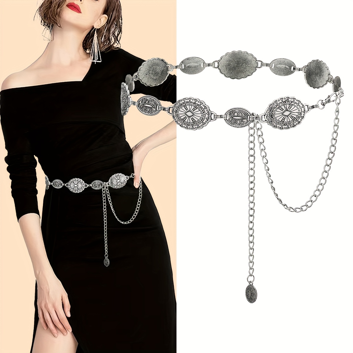 vintage boho fashion belt with silver rhinestones, mixed 