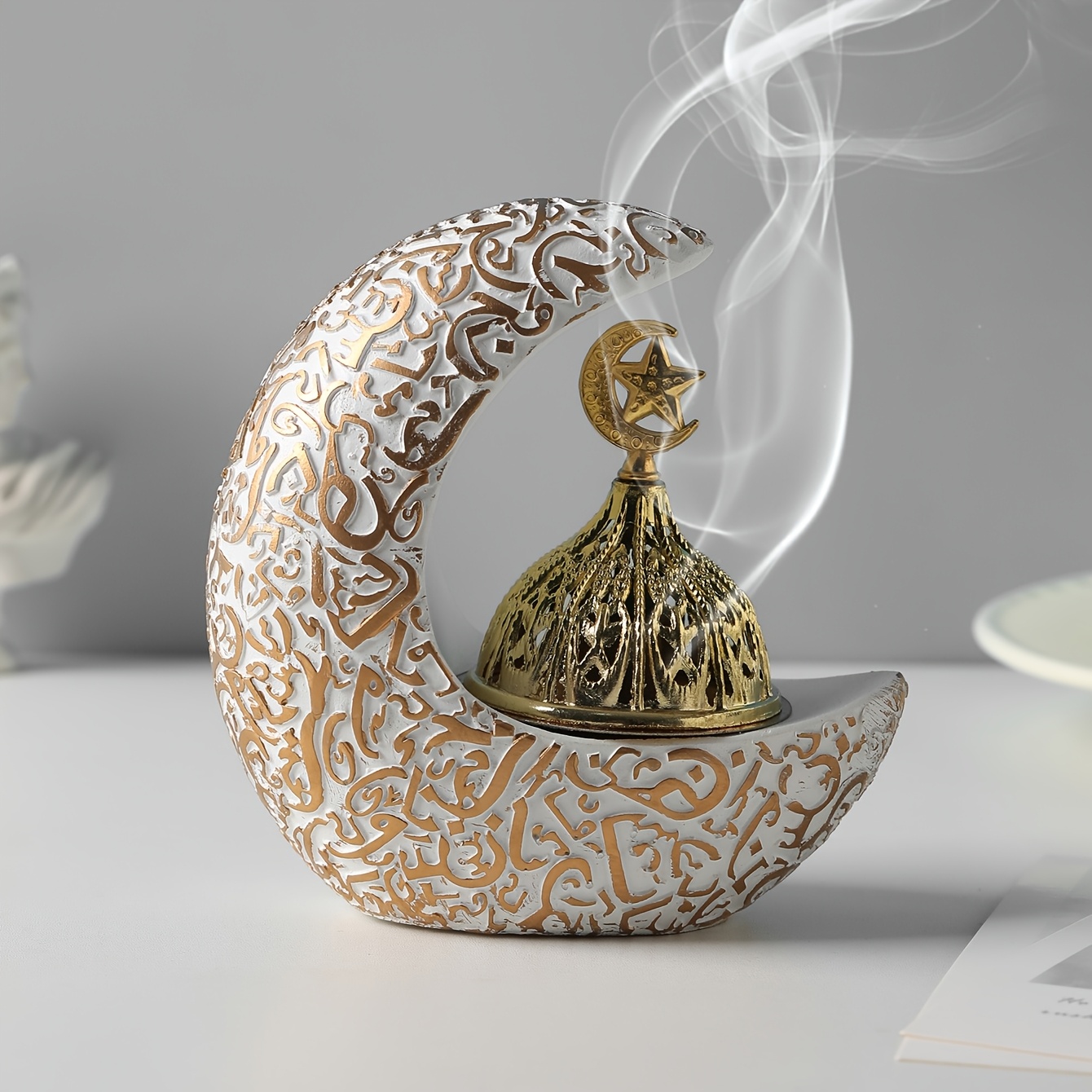 Image of 1pc Moon Style Resin Incense Holder - Star And Moon Iron Lid - Perfect For Home Desktop Decor, Yoga , Camping, And Dinner Craft Incense Holder