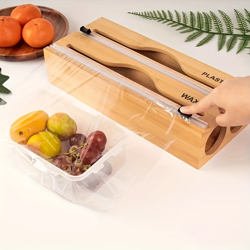 

Bamboo Kitchen Organizer With Cutter And Dispenser - Space-saving Design For Aluminum Foil, Fresh-keeping & Self-sealing Bags
