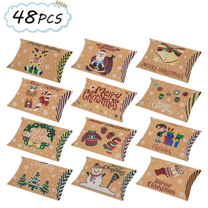 Image of 48pcs Christmas Pillow Gift Boxes, Paper Xmas Favor Boxes With Santa Reindeer Snowman Pattern, Holiday Goodie Container For Xmas Party Decor, Gift Wrapping Supplies