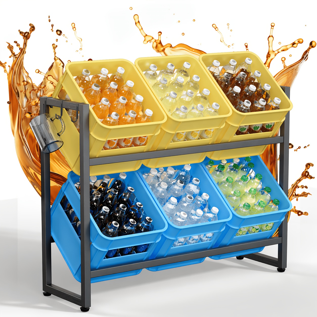 2 Tier Metal Beverage Rack With Hooks Reinforced Stable Space Size 82x32x104cm For Water Drinks Fruits Vegetables Kitchen Cellar Garage, Utility Racks