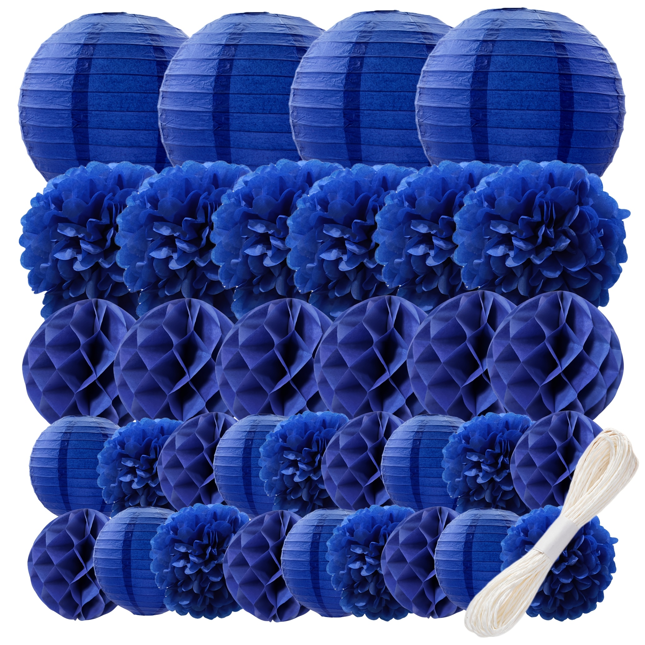 Image of 34pcs Navy Blue Paper Decoration Kit Including Lanterns, Pom-poms, And Honeycombs For Weddings, Ocean-themed Events, , , Baby Showers, Birthday Parties, And Home Decor