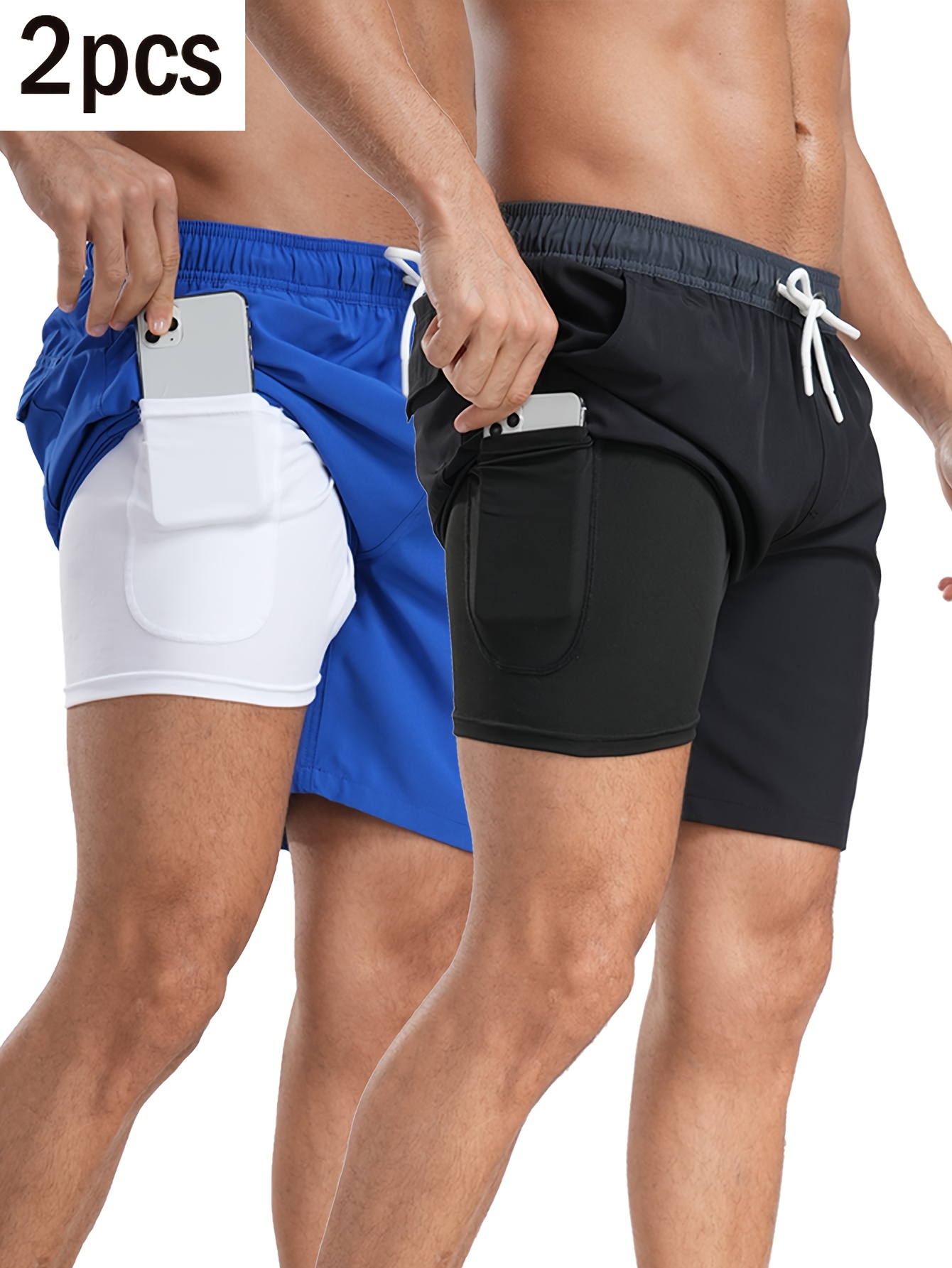 Set of 2 Men'S Casual Sports Shorts, Solid Color Double-Layer Beach Shorts for Fitness, Basketball, And Volleyball