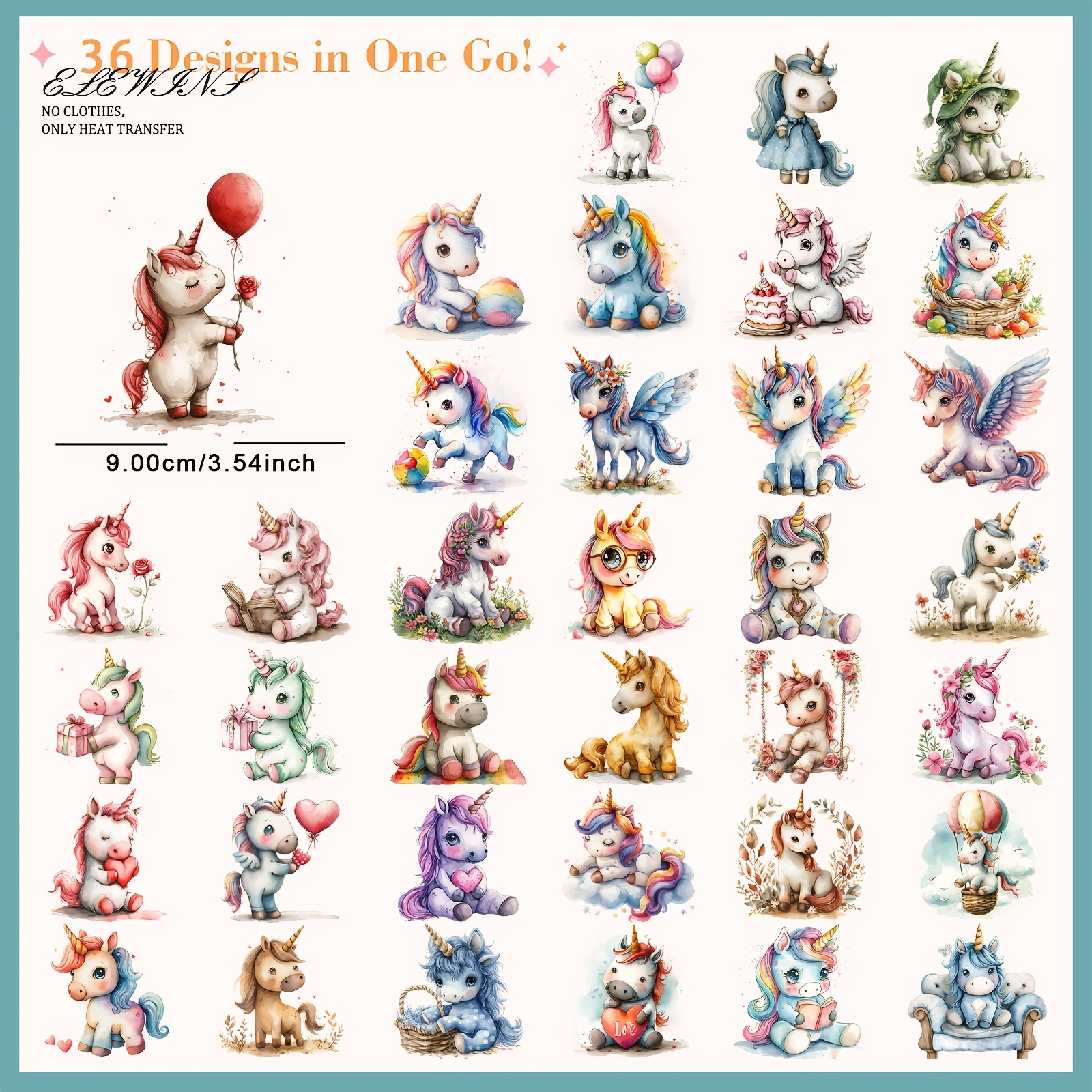 36pcs watercolor cute unicorn iron on transfer patches iron on vinyl for jeans dtf heat transfer vinyl appliques for clothing t shirt pillow hat