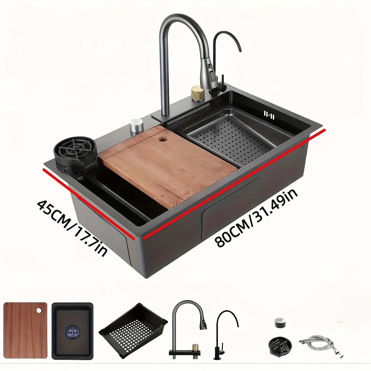 Image of A Modern Single-bowl Kitchen Sink With A Pull-out Faucet, A Farmhouse-style Built-in With Top-mounted Accessories, In Black Stainless Steel, In A Waterfall Kitchen Sink.