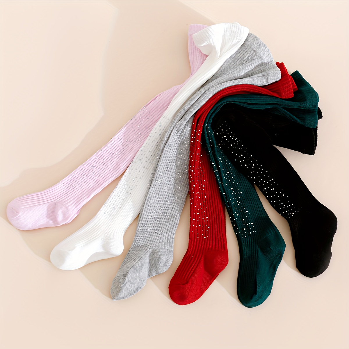 6-pc Of Girls' Christmas Red And Green Color Scheme With Star Hot Drilling Solid Color Elastic Comfortable Pantyhose Leggings
