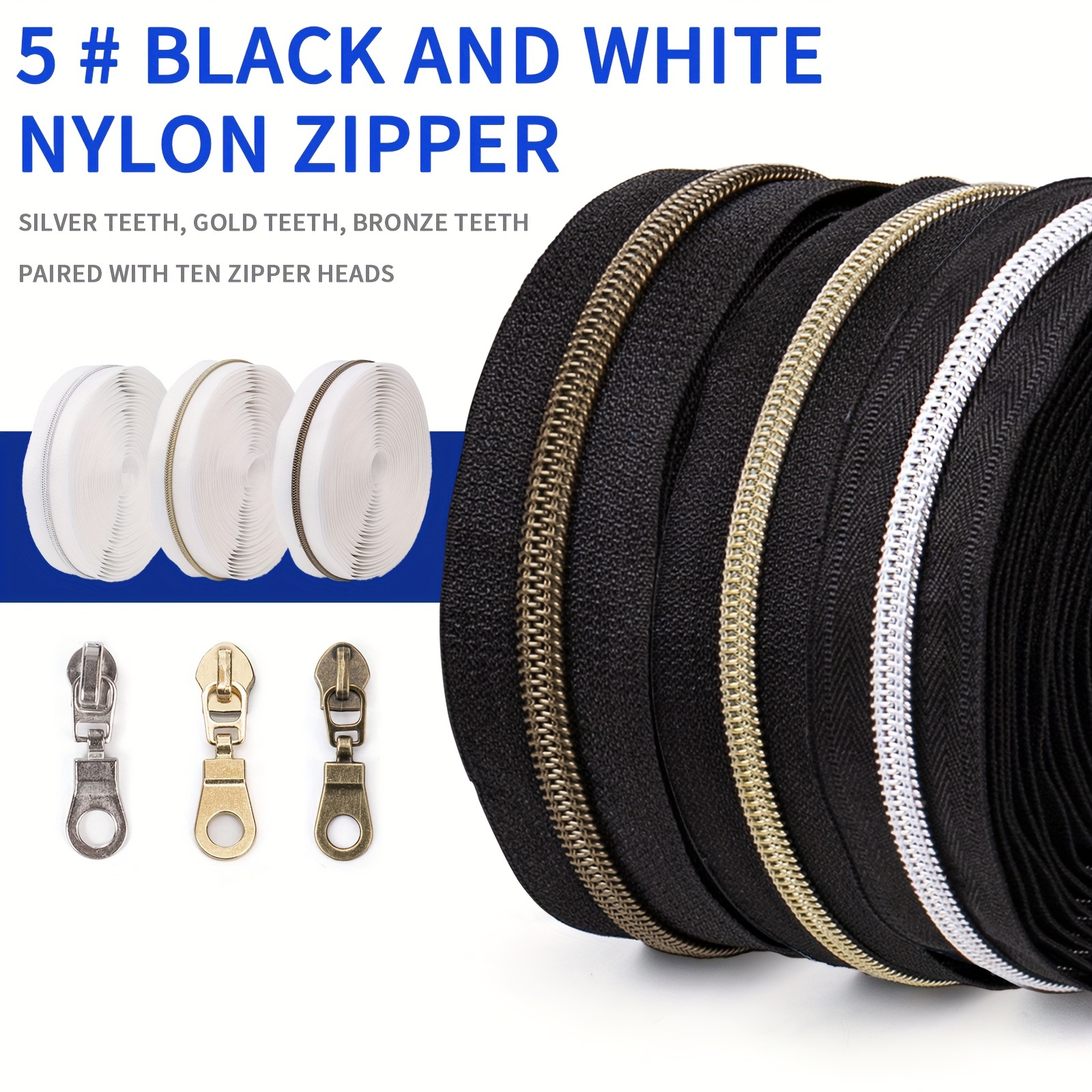 

1pc Black And White #5 Nylon Zipper Set With 10 Assorted Zipper Heads, Color Contrast Light Gold, Antique Bronze, And Silver Teeth, Ideal For Clothing, Luggage, Home Textiles, Leather Diy Sewing