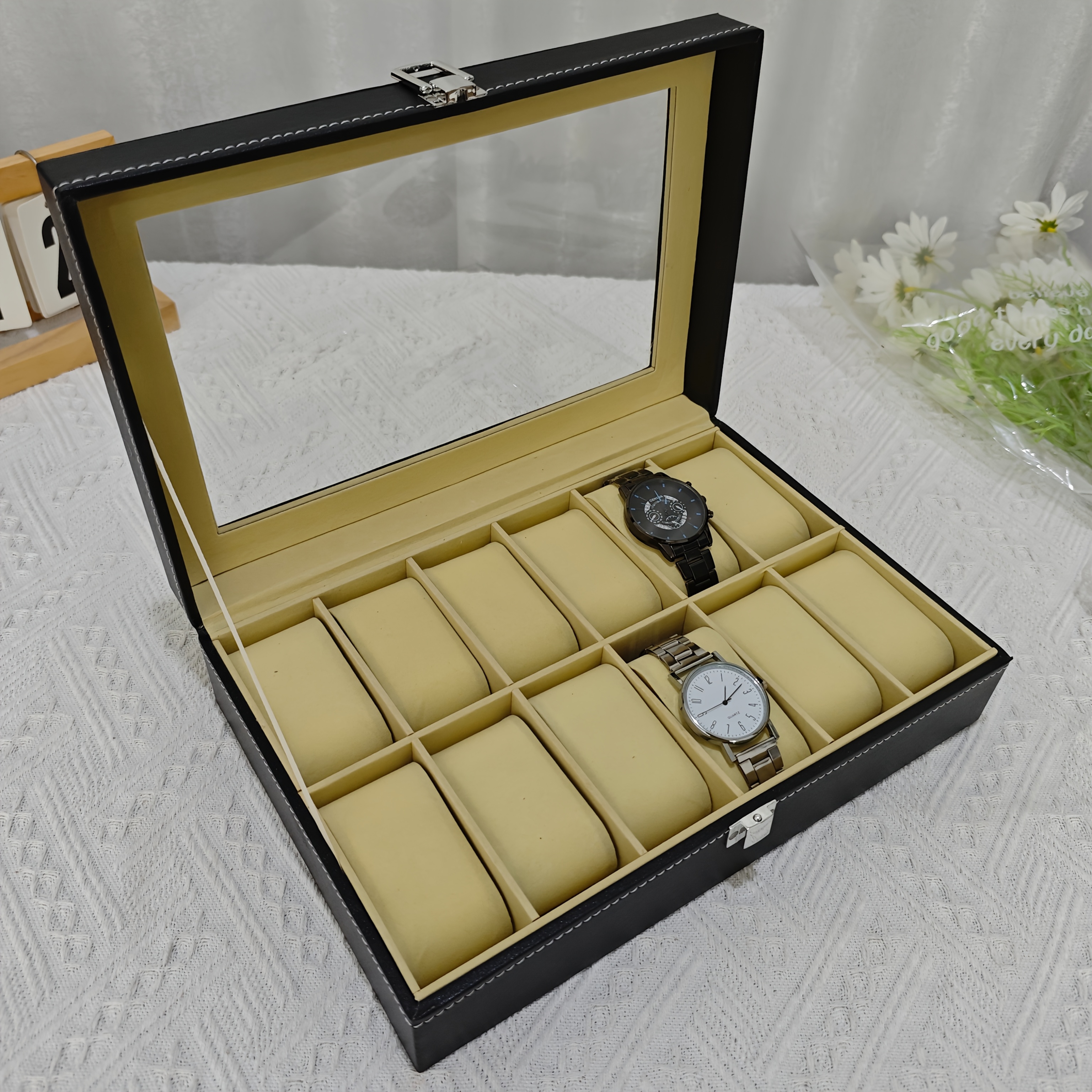 12 slot leather watch box men transparent lid Temu Finland