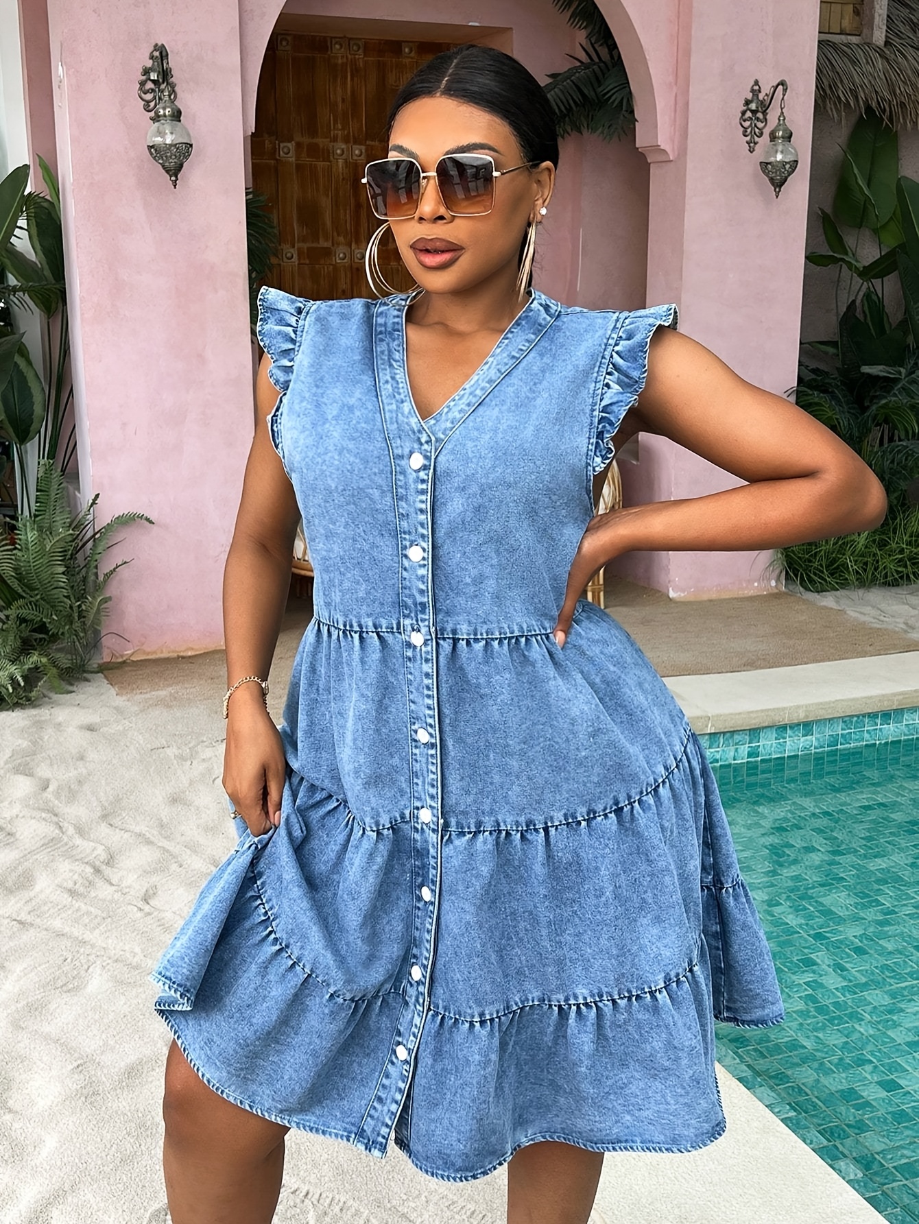 white christmas dresses Dusty Denim Blue Tiered Long Sleeve Mini Dress Small
