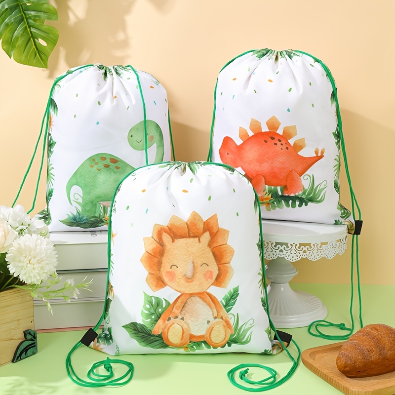 12pcs sacos de presente com tema de dinossauros - adoráveis sacos de poliéster para festa de aniversário, chás de bebê, casamentos & chás de noiva, brancos com ilustrações coloridas de dinossauros