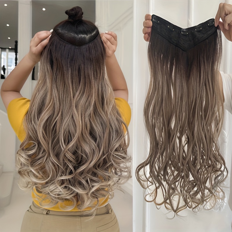 

Luxurious 5-clip V-shaped Wavy Hair Extension, Ombre Gradient, Soft Silky Matte Finish, Heat-friendly Synthetic Fiber, Easy Clip-on Volume And Length Enhancer