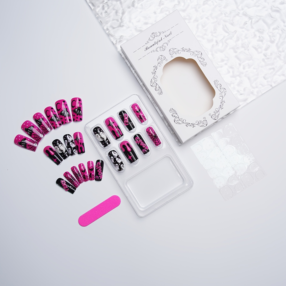 TEMU 24pcs Faux Ongles Carrés Halloween à Presser, Roses Vif et Noirs avec de , Chauve-souris et Toile d'Araignée, Design Effet Goutte de Lettre