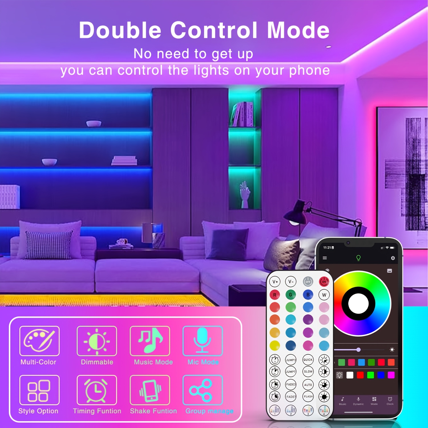 3Ft-100  Strip Lights for Room Decor, with 44-Key Remote And App Control, Color Changing   with Music, Timing Setting, Adjustable Brightness, LED Lights for Bedroom, Living Room, Game Rooms, Kitchen, TV Backlight, Party Decor