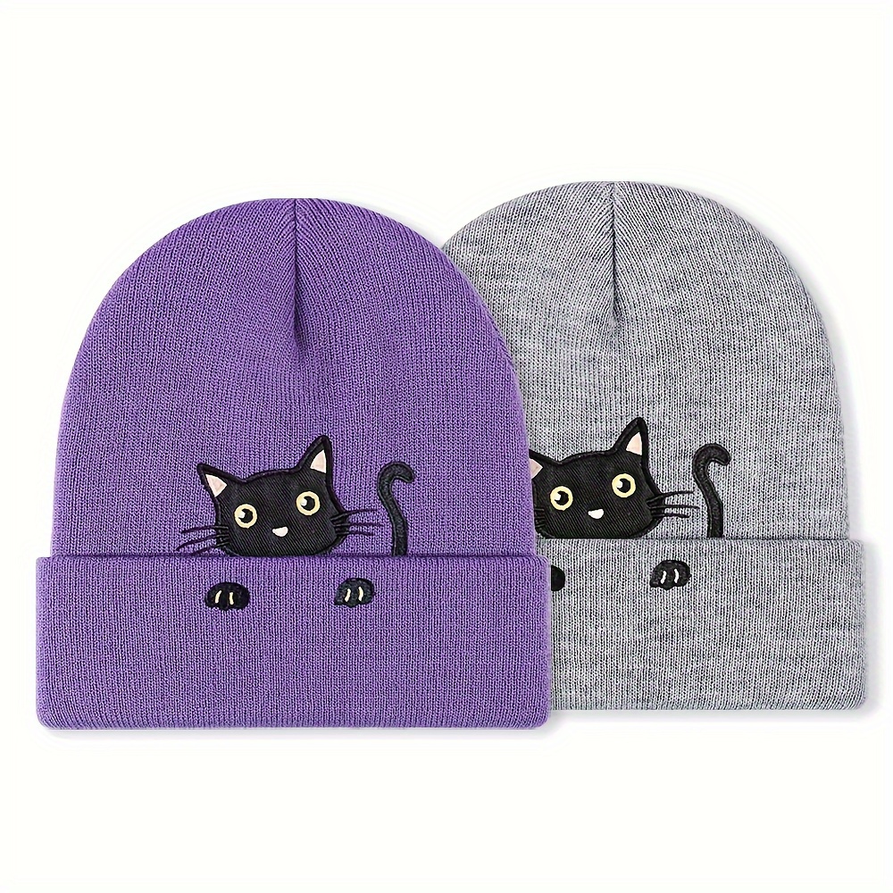 

1pc Cat Embroidered Beanie Unisex Stretch Foldable Knitted Hat Outdoor Warm Pullover Cap For /winter