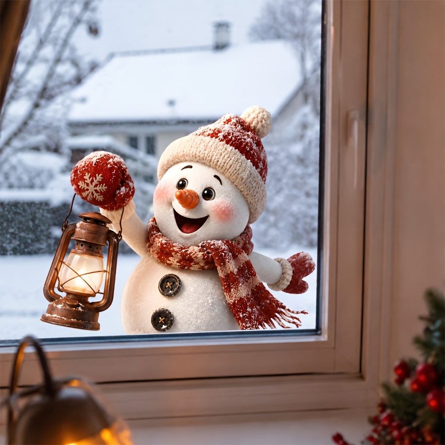 TEMU 2d Flat, 2d/flat, 1pc, Warm Winter Cute Fluffy Snowman Holding A Rustic Lantern Print, Christmas Static Cling Window Decal, Residue-free