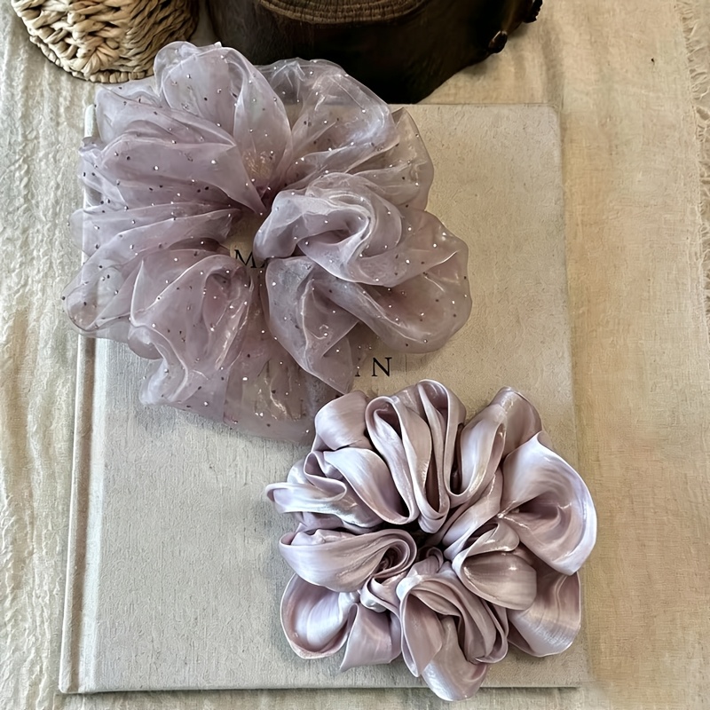 TEMU 2pcs Grape Purple Breath Rhinestone Mesh Large Hair Ties, Pearlescent Purple Pleated Cinched Waist Large Scrunchie Hair Accessories For Women