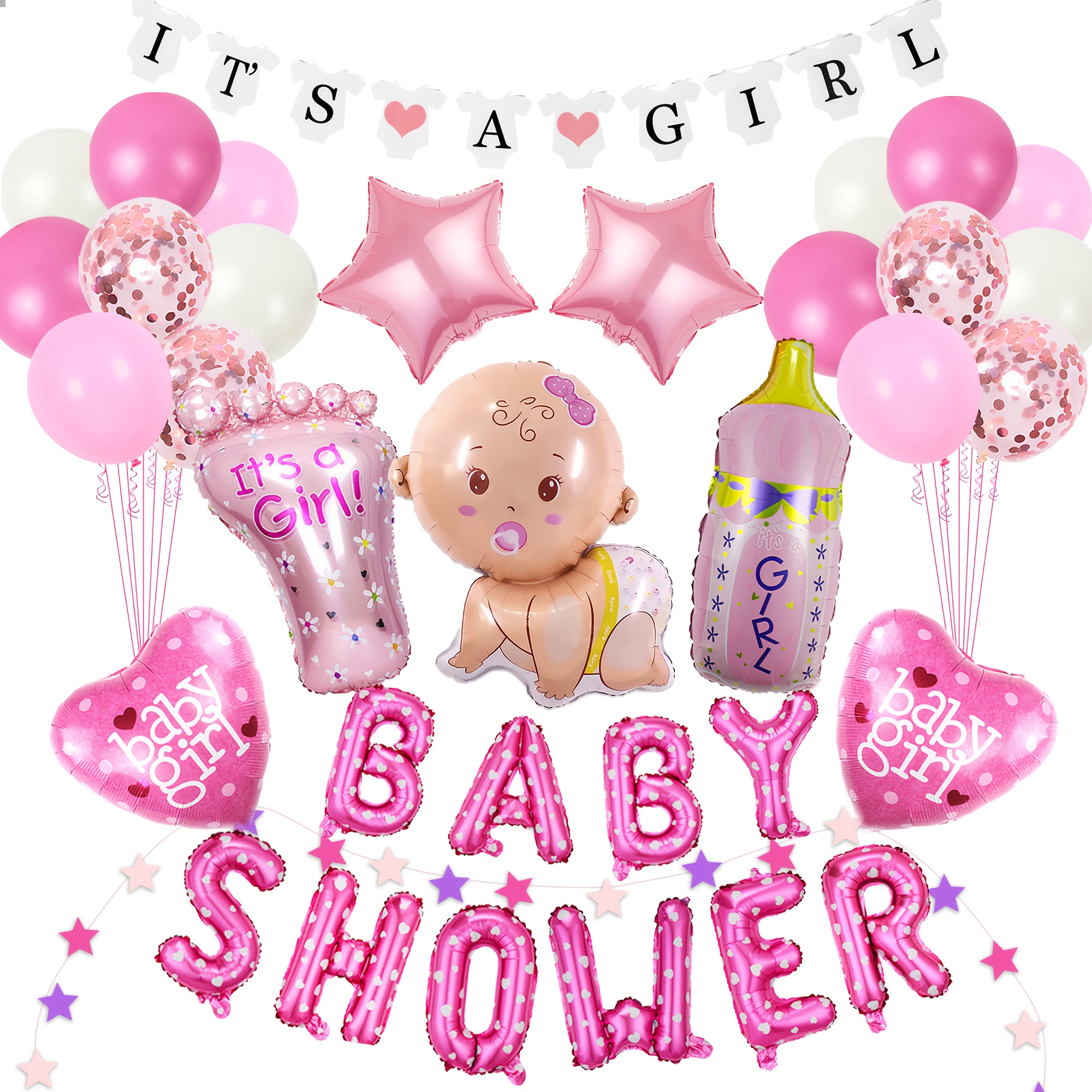 

Set, Baby Shower Decorations For Girls, Birthday Girls - Its A Girl Banners, Balloon Banners, Milk Bottles, Footprints, Stars, Christening And Birthday Decorations
