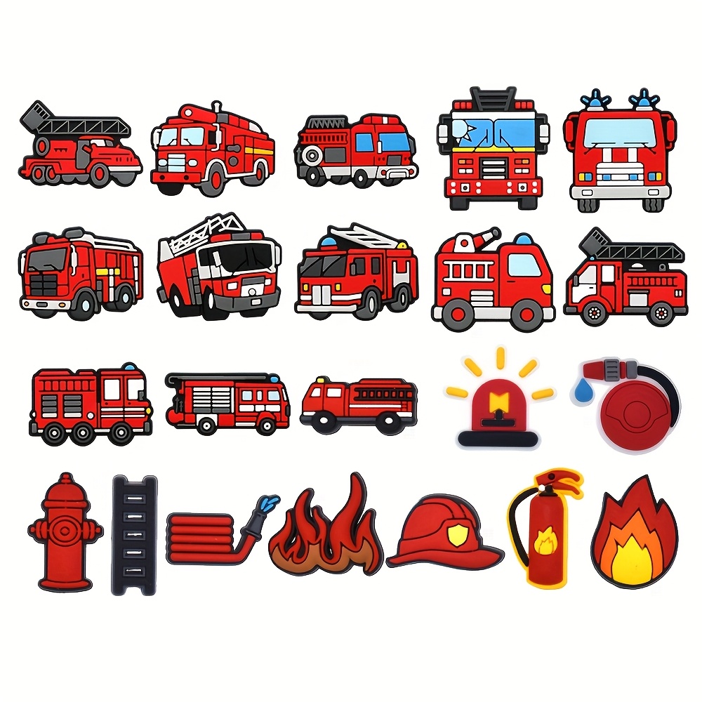 Image of 22pcs Of Plastic Shoe Charms Featuring A Car Series, Including Designs Like A Red Car, Fire Extinguisher, Flame, Ringtone, Ladder, Hat, And Car-themed Patterns For Shoe Decoration
