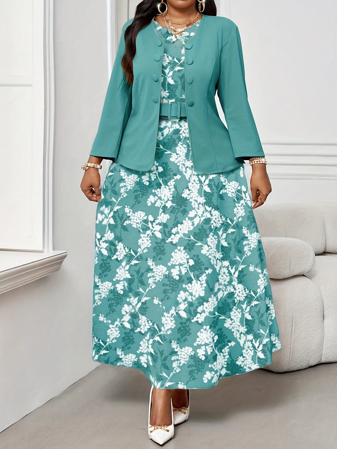 amal.clooney venice film festival dress Plus Size Empire Waist Chiffon Maxi Dress with Long Lantern Sleeves –  Ever-Pretty Plus main image 1