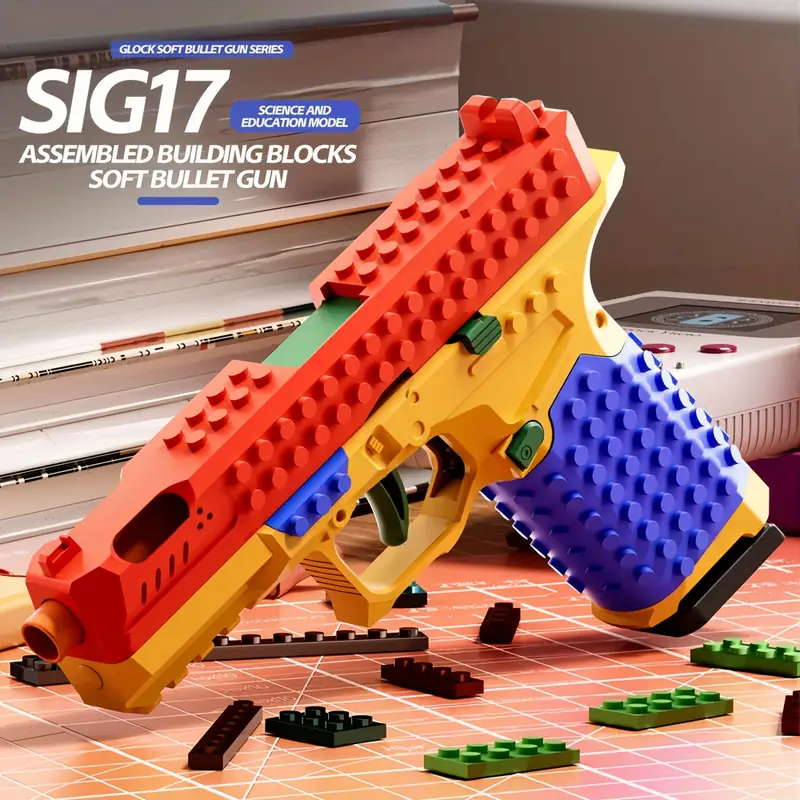 automatic ejection building blocks gun with bullet casings stem construction set with realistic bullet launcher mechanism safe non building blocks for teens adults parent child assembly kit 2025 christmas birthday gift for boys girls red yellow blue educational toy for motor skills development Product details 6