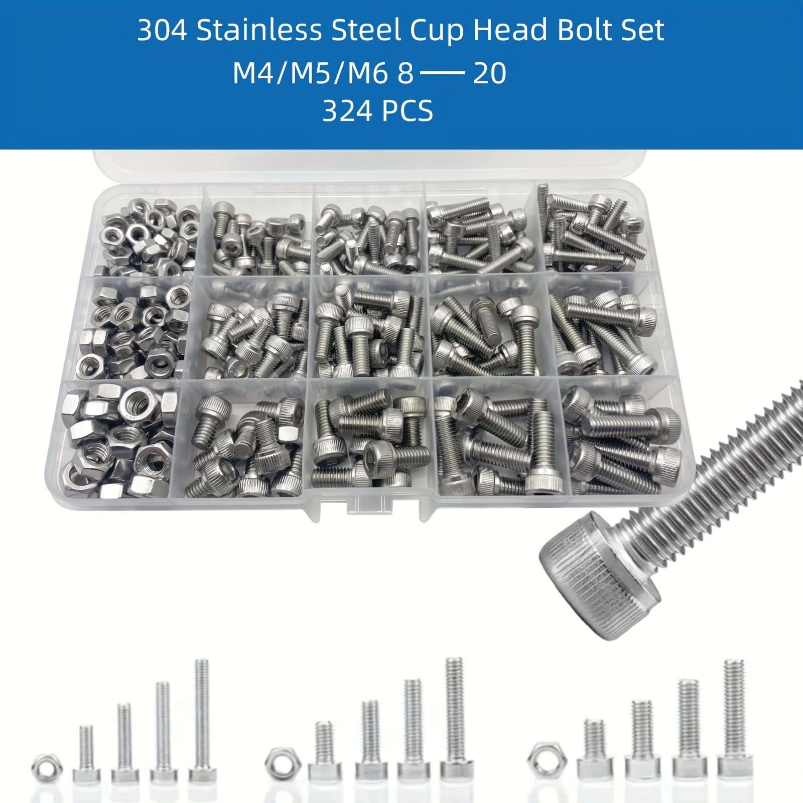 

324pcs M4 M5 M6 Screw Set Stainless Steel Screws And Nuts, 304 Stainless Steel Hexagon Socket Bolt Nut Combination Set, Metric Hexagon Drive, Full Thread