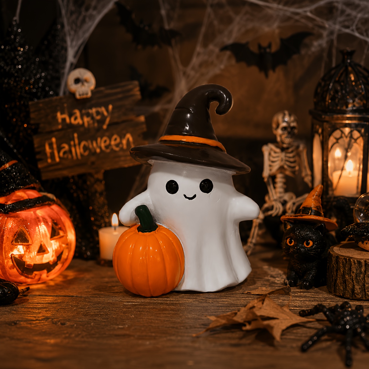Cute With Witch Hat And Pumpkin Resin Figurine Halloween Home Tabletop Decor Ornament