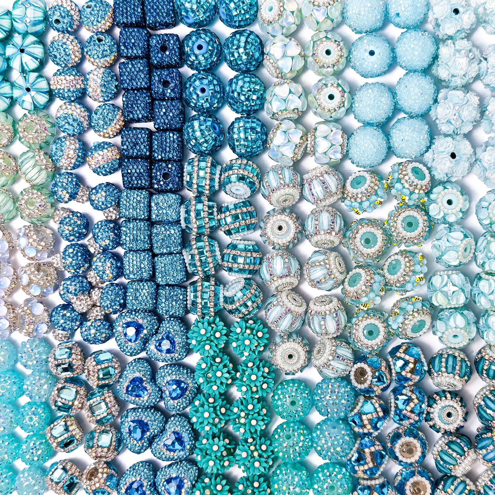 TEMU Fflfuu Ccdcll 10pcs Lake Blue Mixed Style Large Hole Beads, Sparkling Texture Resin Heart & Round Bead Accessories, Suitable For Handmade