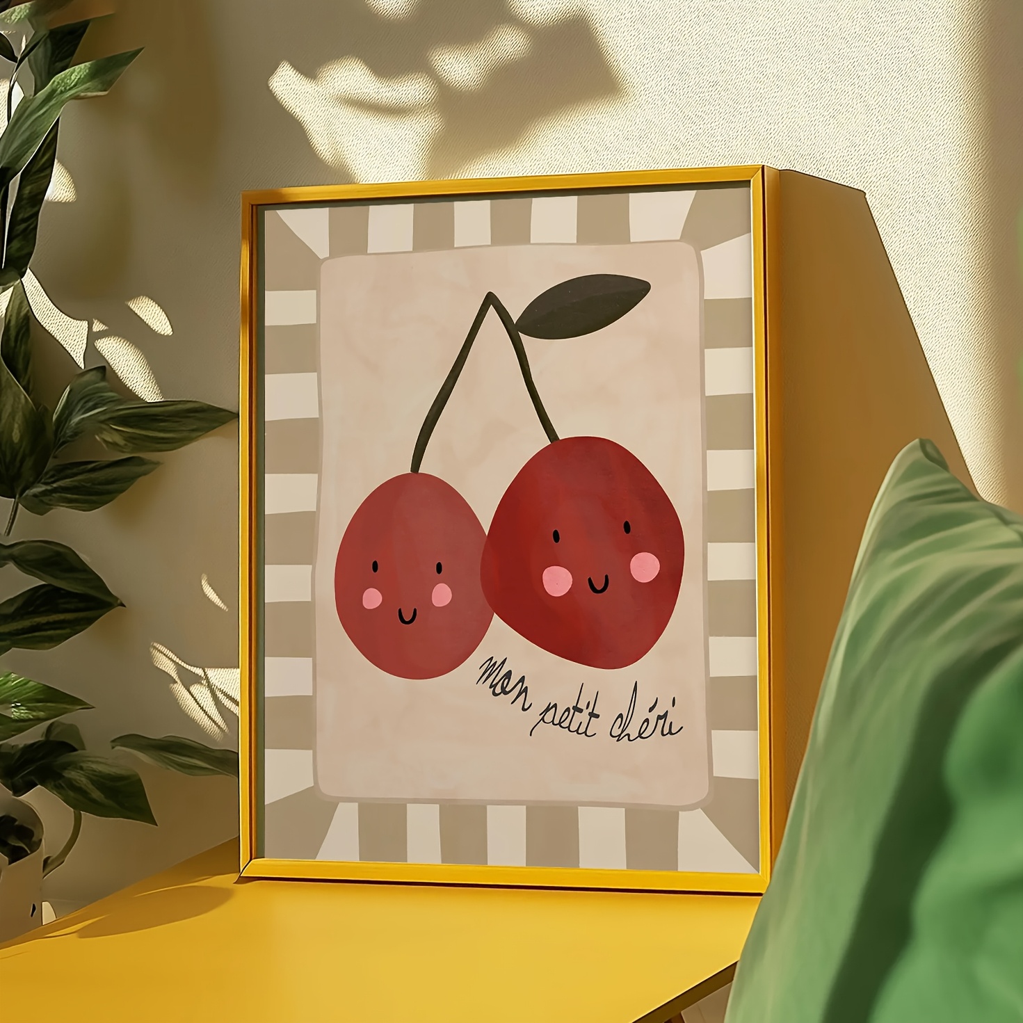 TEMU 2d Flat, [2d Flat] 1pc Mon Petit 2d Flat Print Canvas Wall Art - Adorable Cherry Couple Design, Frameless Canvas Print For Nursery, Game Room,