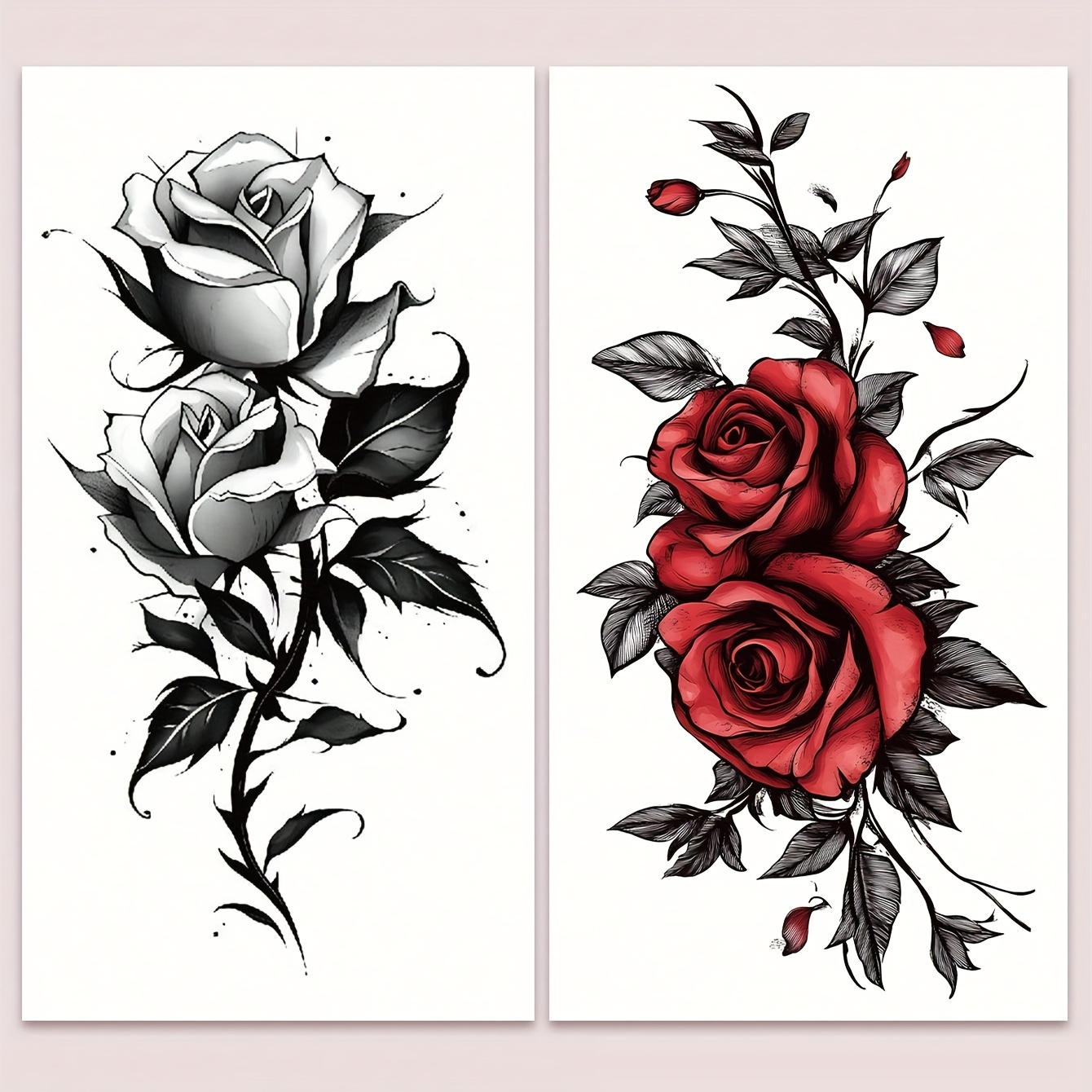 Image of 2pcs Colorful Rose Floral Temporary Tattoo Stickers, Large Art Waterproof Tattoos For Shoulder, Arm, Chest, Leg, And Body