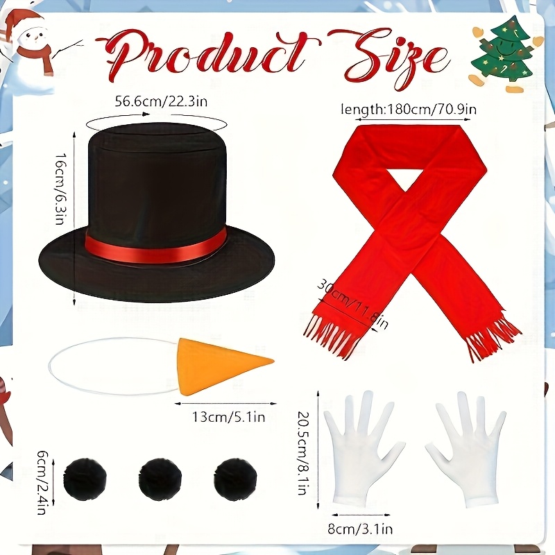 8pcs snowman costume, adult men women snowman suit, hat, snowman scarf,  carrot nose, white gloves, winter "
