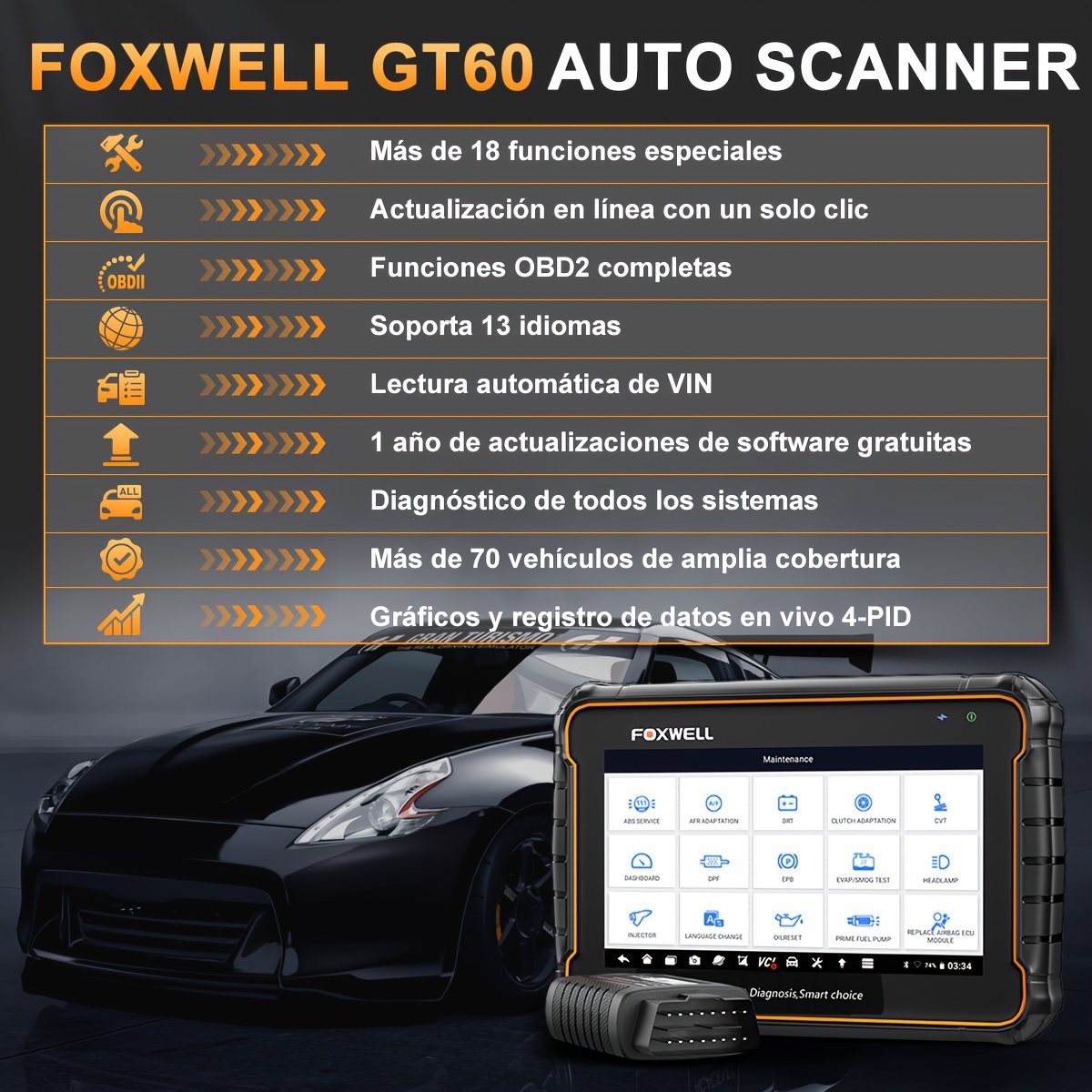 Foxwell GT60 BT Wireless Automotive Bi-directional Diagnostic Scanner Full System OBD2 Code Reader, Vehicle Analyzer with 24+ Reset Functions, DPF, SAS, Gearbox Matching, Sunroof Initialization & ABS