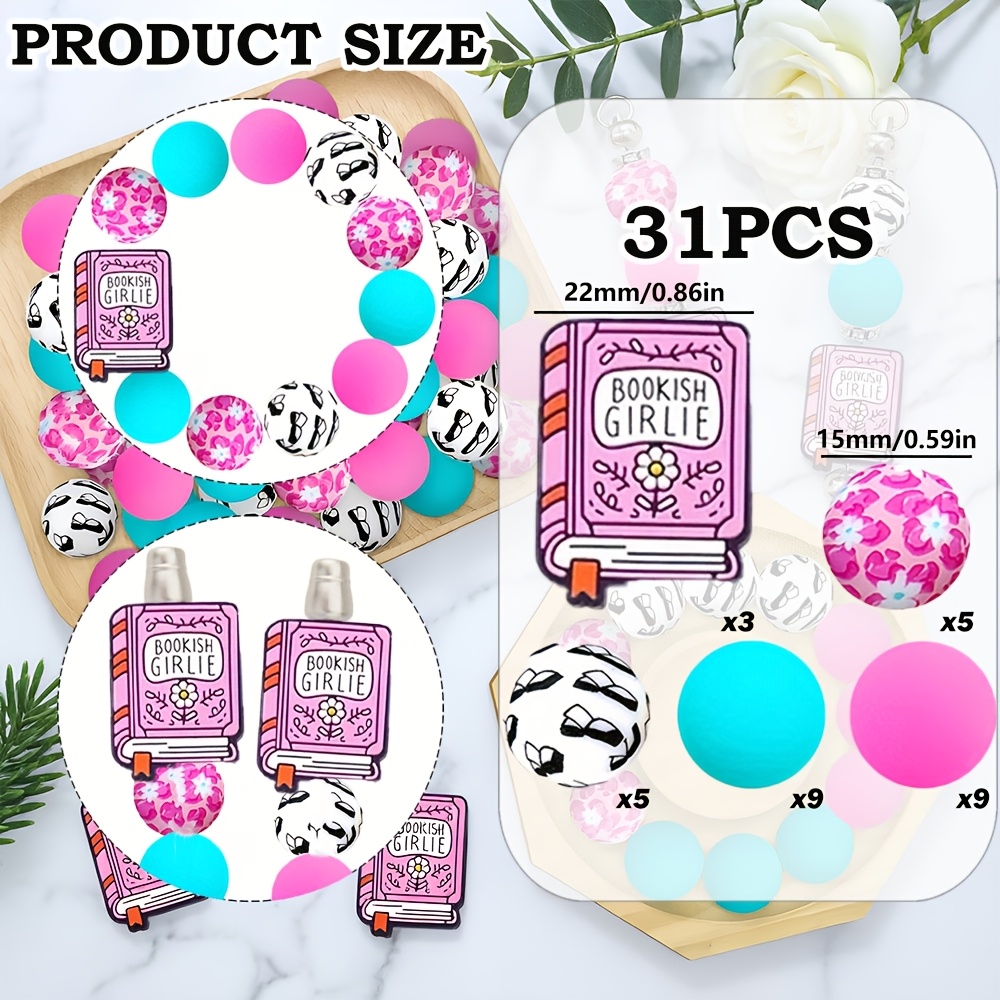 TEMU 31pcs Silicone Beads, -shaped Silicone Loose Beads, Printed Colorful Round Beads, Suitable For Jewelry Decoration Bead Accessories For Earrings,