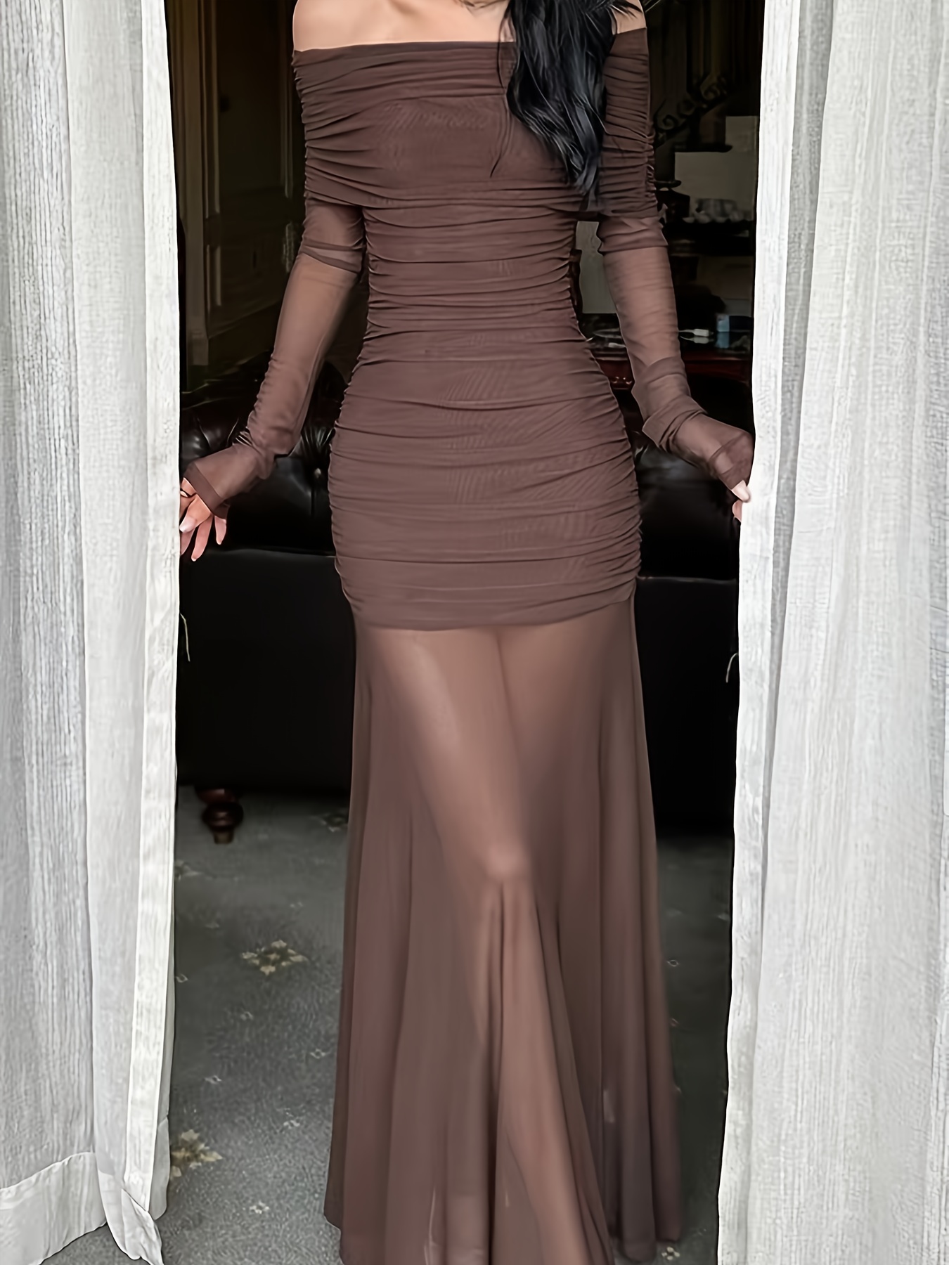 Women's Elegant Off-the-Shoulder/One-Shoulder Long Sleeve A-Line Dress with  Waist-Cinching High-Low Neckline Sheer Mesh Back, Floor-Length