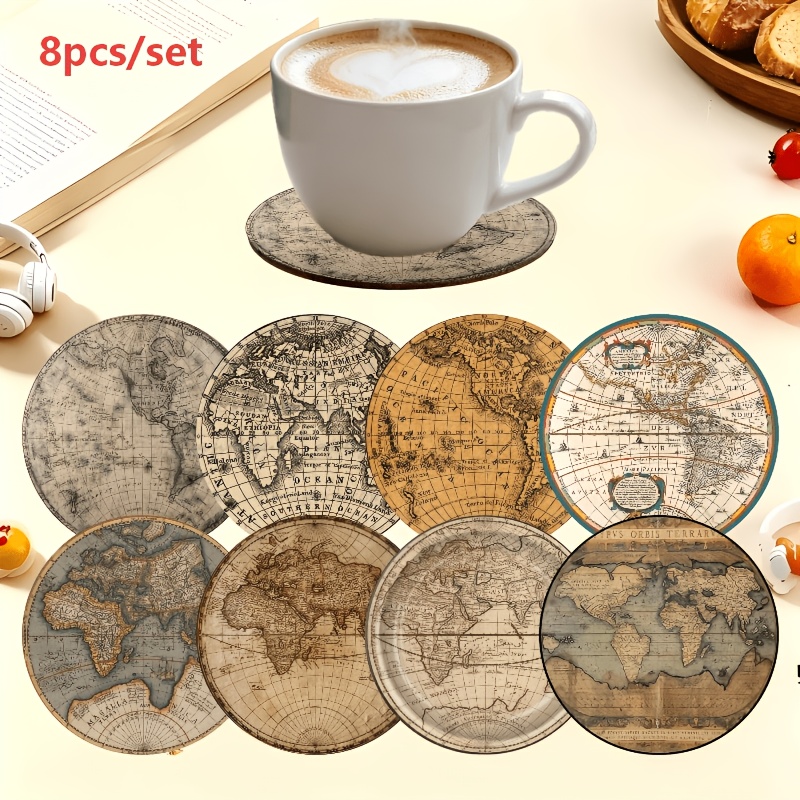 TEMU 8pcs Vintage World Map Coasters Suitable For Home, Grain Table Protectors With World Map, Heat-resistant Non-slip Pads, Office, Decor - Durable
