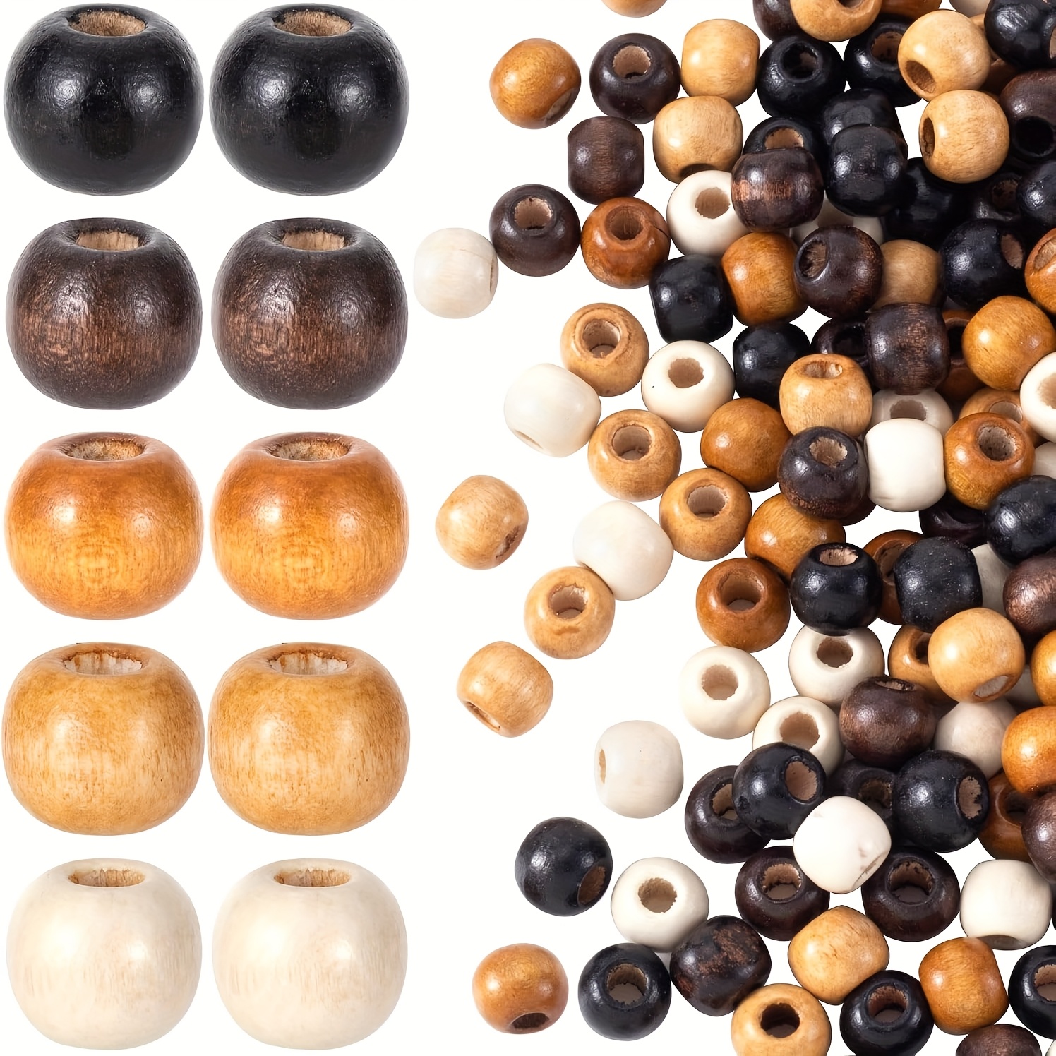 Image of 100pcs Natural Wood Beads With Large Holes - Large 9x10mm Vintage Round Wood Bead Blanks, 5 Colors ( Natural,,,) For Diy Macrame, Making, Hair Beads, Crafts - Loose Bead Spacer