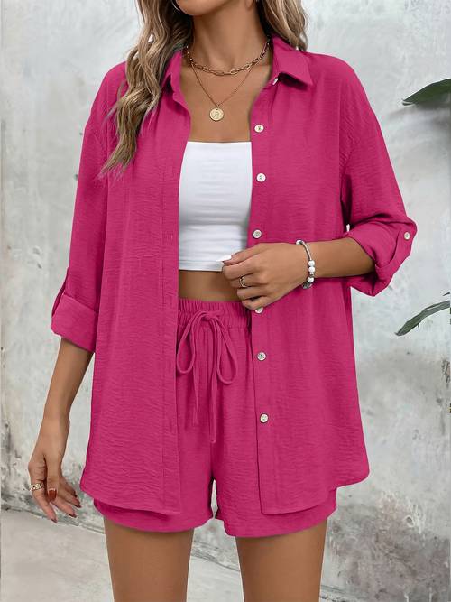 spring summer solid color long sleeve shirt set with high waist shorts a stylish and comfortable essential set for home and travel
