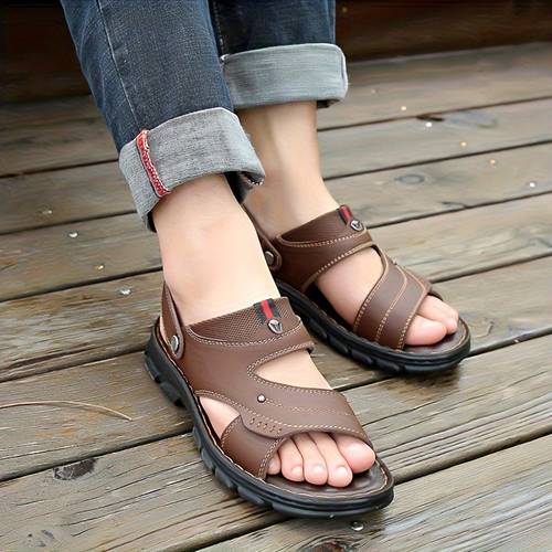 Plus Size Men's Vintage Open Toe Breathable Sandals, Comfy Non Slip Casual Rubber Sole Beach Water Shoes, Summer