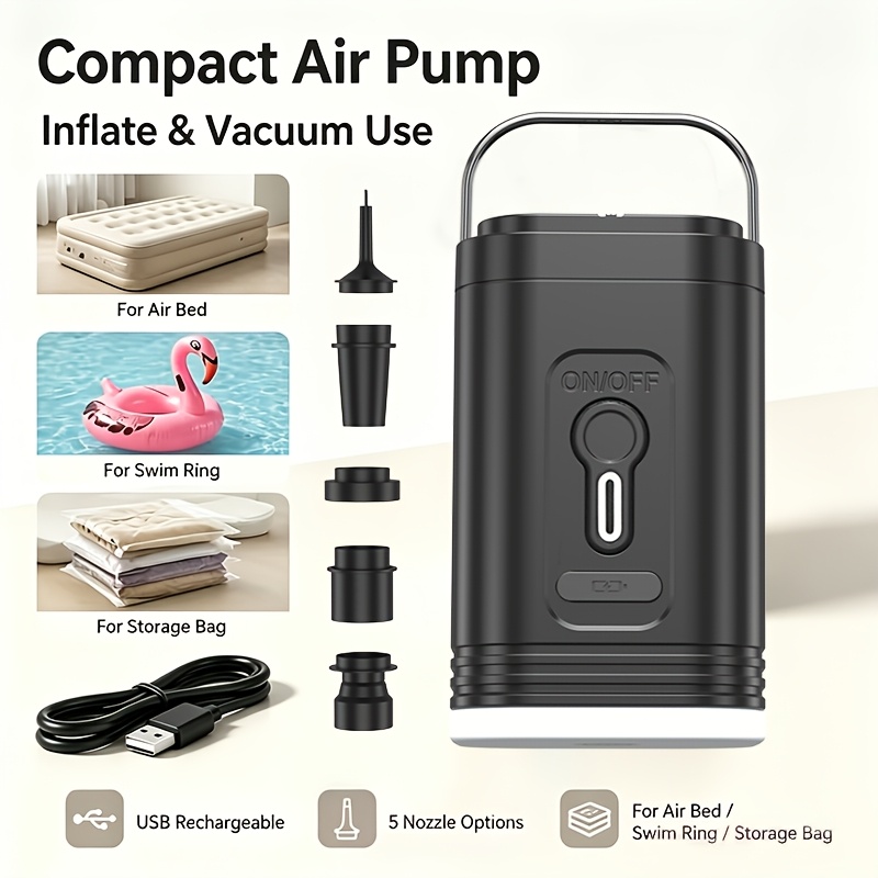 TEMU Mini Bomba de Aire Eléctrica de Carga Rápida para Camping al , con Iluminación y 5 Boquillas, Batería de 2400Mah, Bomba Portátil Multifunción