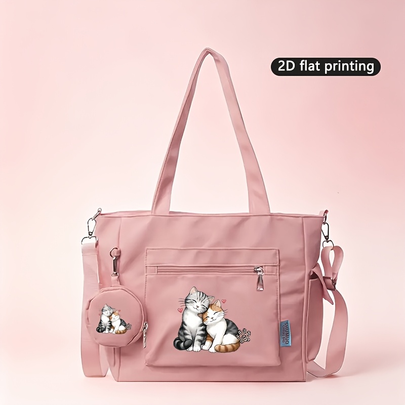 TEMU [zero Wallet Charm] Large-capacity Versatile Women's Tote Bag, Featuring Cute Kitten Print, With Zipper Closure, A Fashionable And Textured