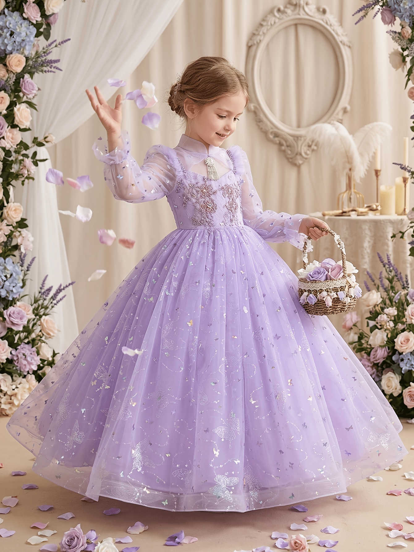 green emerald velvet dress Sparkly Long Sleeve Ombre Tiered Skirt Flower Girl Dress main image 0
