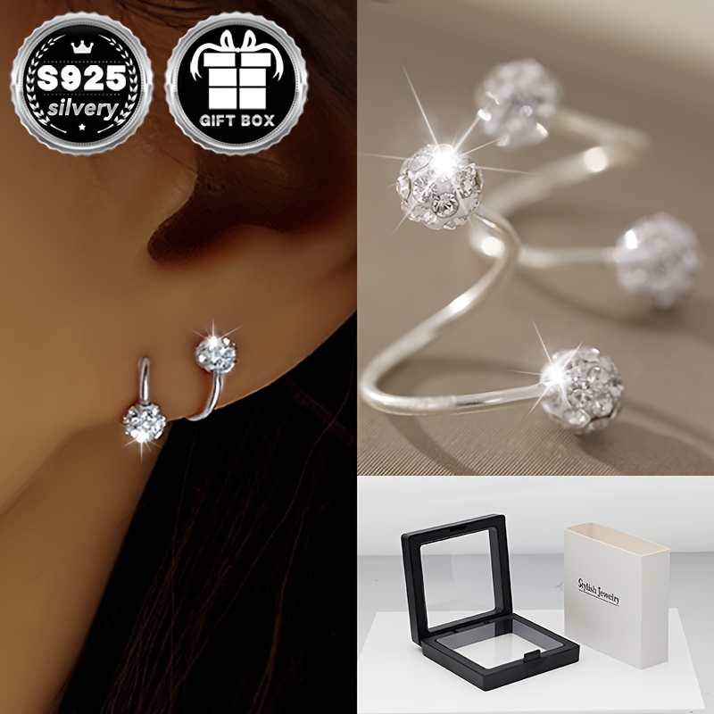 

Elegant 2pcs Set Women's Stud Earrings - Classic Champagne Geometric Spiral Design, 925 Sterling Silvery With Cubic Zirconia, & , Gift Box Included