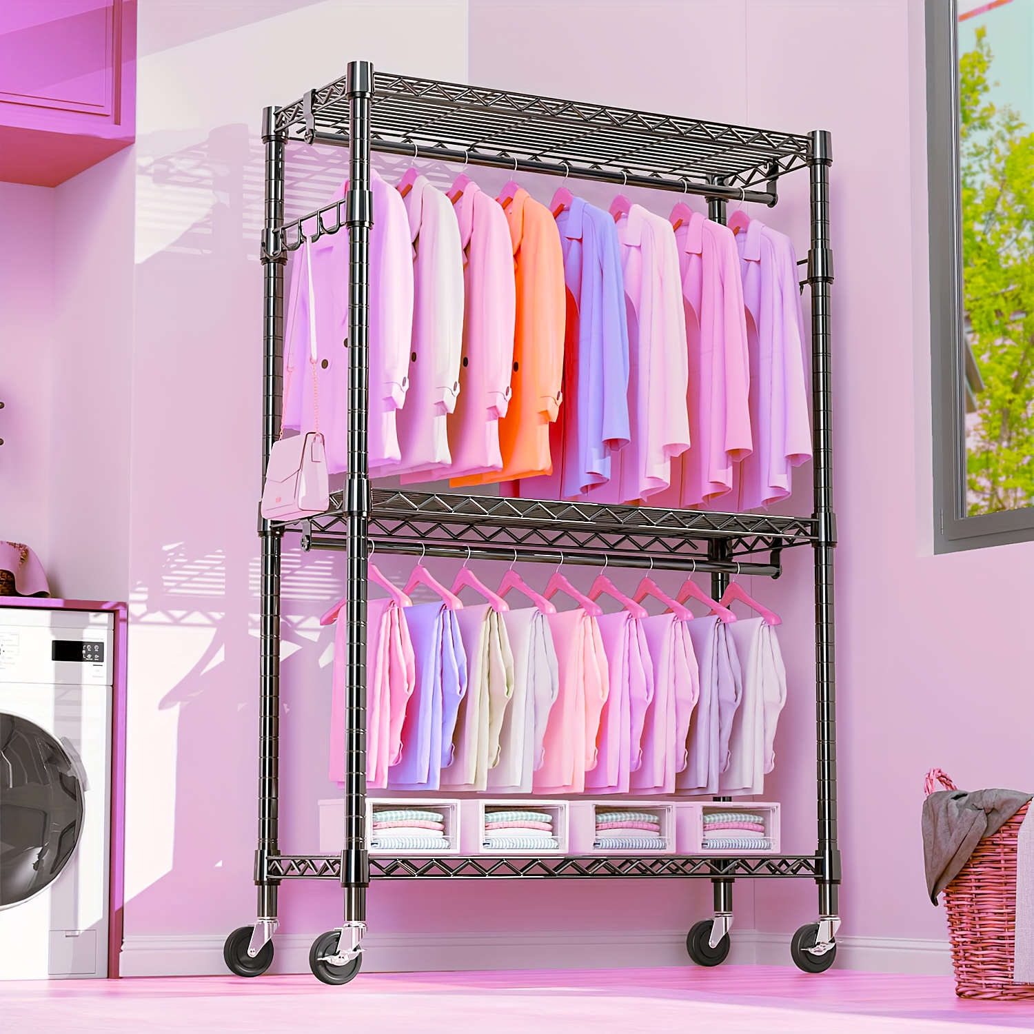 TEMU Heavy-duty Freestrolling Wardrobe: Garment Rack With Wheels Suitable For Hanging Clothes, 3-tier Steel Shelves & Double Hanging Rods, Detachable