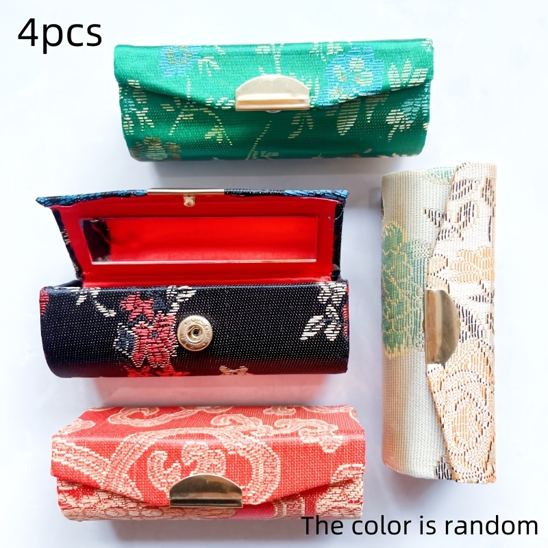 1/2/3/4pcs Brocade Single Lipstick Case, Chinese Vintage Jewelry Box With Mirror, Lipstick Pouch