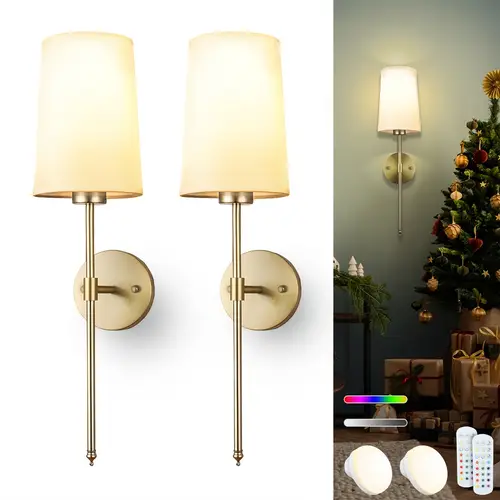 set of 2 modern polished metal wall sconces semi flush mount fabric shade wall lights with remote control rechargeable 4000mah lithium battery usb charging 15 rgb colors for bedroom and living room