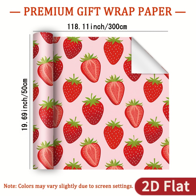 TEMU 1 Rolle 2D flaches Geschenkpapier mit Erdbeermuster, glänzendes Geschenkpapier – Rosa Untergrund mit roten geschnittenem Erdbeermuster, 118,11 x