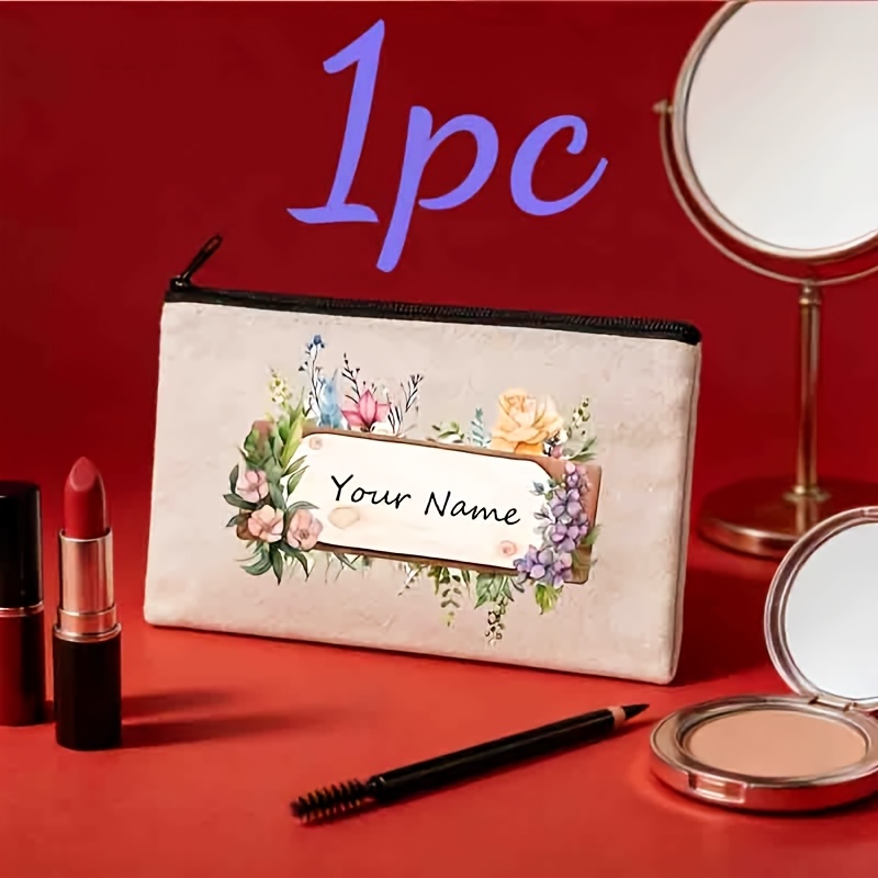 TEMU 1pc/5pcs Custom Name Makeup Bag, Wooden Board Vintage Themed Design Elements, Cute Handheld Cosmetic Pouch, Personal Item Storage Bag, Durable