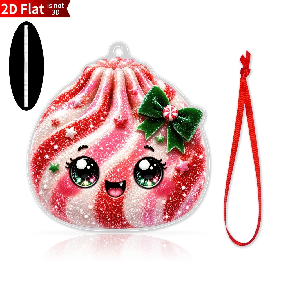 TEMU 2d Flat, 1pc Cute Pink & Red Glitter Dumpling-shaped Christmas Ornament - Flat Acrylic Suitable For Tree Decorations, Hanging Cord With Glittery